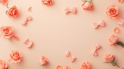 Fototapeta premium Elegant peach roses and bows pattern on soft beige background capturing the essence of girlhood design