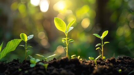 Young green sprouts reach for the sun in a lush, sun-drenched setting, symbolizing growth, renewal, and the beauty of nature.
