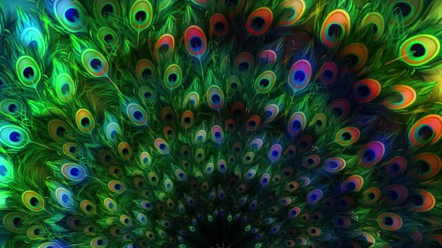 Vibrant peacock feathers forming a symmetrical pattern with iridescent colors.