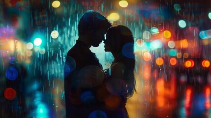 A silhouette of a couple embracing in the rain, with a backdrop of city lights.