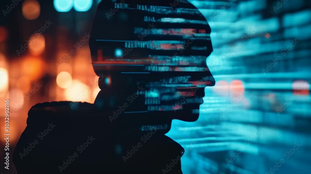 Aufkleber Silhouetted software developer coding in city at night, surrounded by digital innovation and abstract connections. Reflects expertise in web development and technology