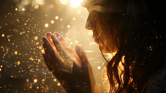 A young woman with long, flowing hair stands bathed in warm light, as if surrounded by a shower of golden sparkles. Her eyes are closed, suggesting a moment of peace and wonder.