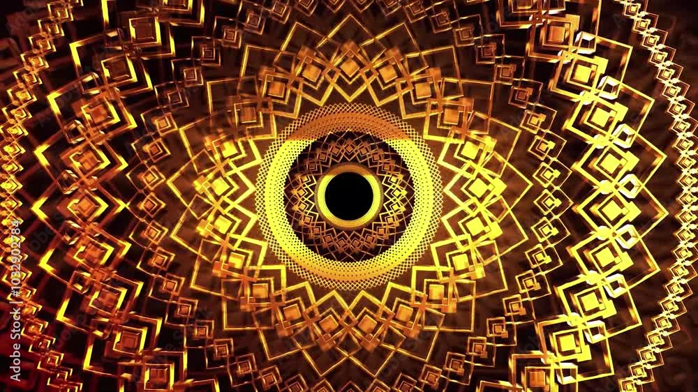 Wall mural abstract gold and black geometric pattern with square shapes and a circular hole in the center.