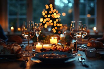 Candles are lit on a table with plates of food and glasses, dinner party