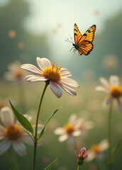 Obraz premium Monarch butterfly flying over a pink wildflower