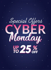 Cyber Monday special offer with neon design and colorful lights, Vector