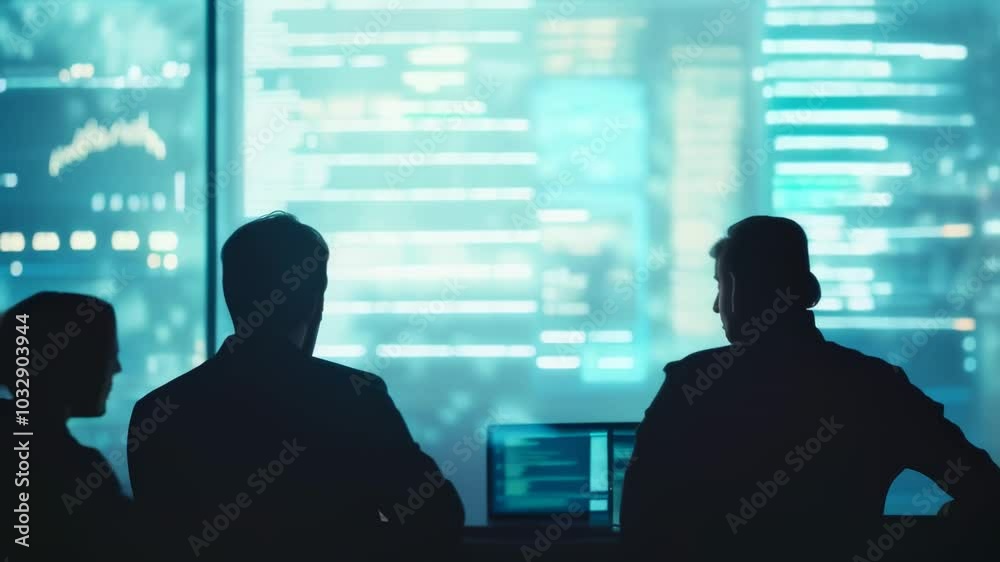 Aufkleber Silhouetted programmers work late in a dark office, analyzing code on screens, showcasing teamwork in it and web development