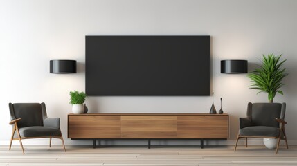 Empty blank tv screen monitor mock-up in meeting business conference office. Modern dark room with digital billboard for text