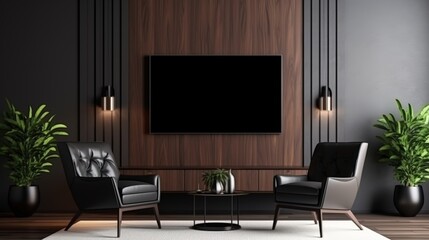 Empty blank tv screen monitor mock-up in meeting business conference office. Modern dark room with digital billboard for text