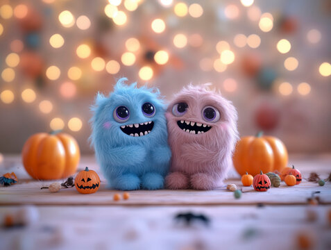 Cute little fluffy monsters and Halloween celebration.  Banner, place for text