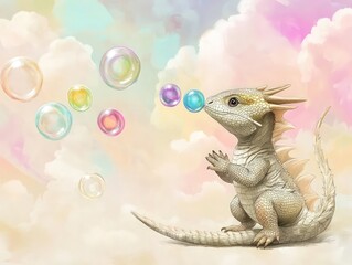 Fototapeta premium Sweet baby dragon blowing colorful bubbles in a pastel sky