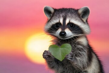 Obraz premium Sweet raccoon holding a heart-shaped leaf with a pink sunset behind