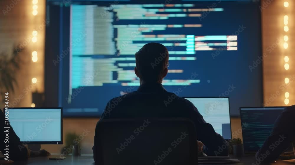 Poster Team of software developers collaborates in a dimly lit office, coding on a glowing screen, showcasing their skills and professionalism in software development