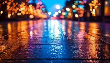 Colorful holiday  lights reflected on a rainy sidewalk