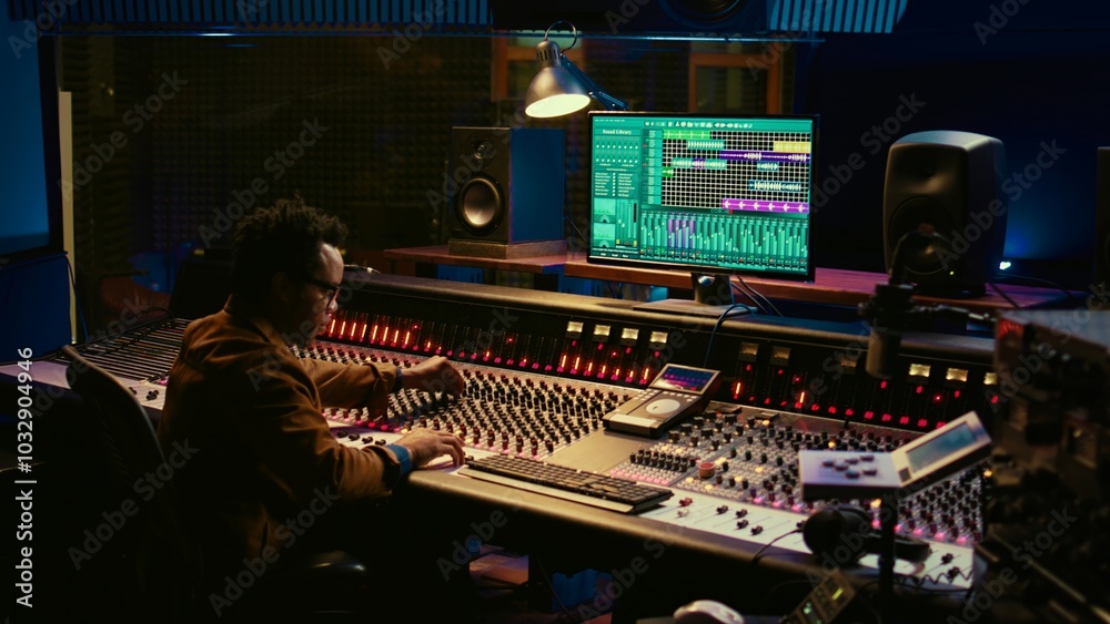 Aufkleber Portrait of professional sound engineer recording tracks and editing tunes by adjusting volume levels with knobs. Producer creating music with mixing console in post production studio. Camera B.