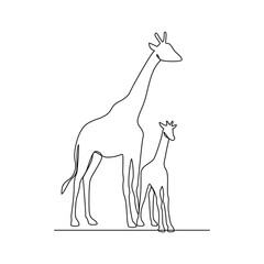 One continuous line drawing of people with giraffe with their young vector illustration. Animal theme design in simple linear style vector concept. Animal design for educational presentation purpose.