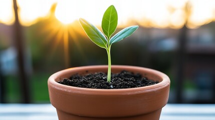 A small green plant sprout growing in a terracotta pot, with a blurry sunset in the background.