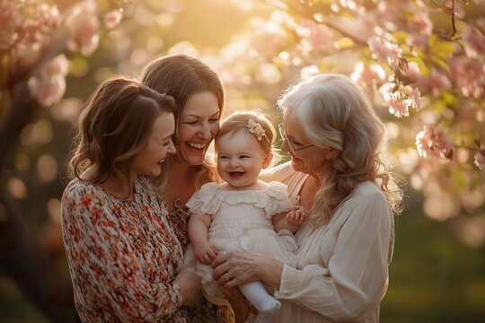 Four generations of women celebrate life together, surrounded by blooming flowers on a sunny day in a serene outdoor setting