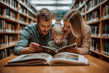 Family exploring allergy treatments while reading in a library