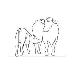 One continuous line drawing of people with Cow with their young vector illustration. Animal themes design in simple linear style vector concept. Animal design for educational presentation purpose.