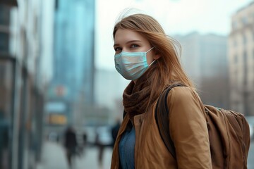 Fototapeta premium Young woman wearing an allergy mask in a busy urban area