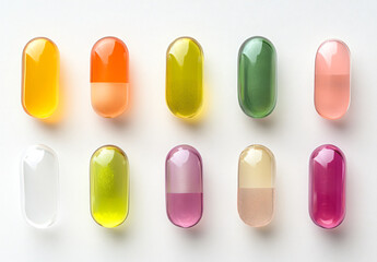 Multicolored capsules and pills on white background. Banner template of biological supplements, vitamin and medicines or health, beauty of skin and hair. Frame for backdrop, wallpaper 
