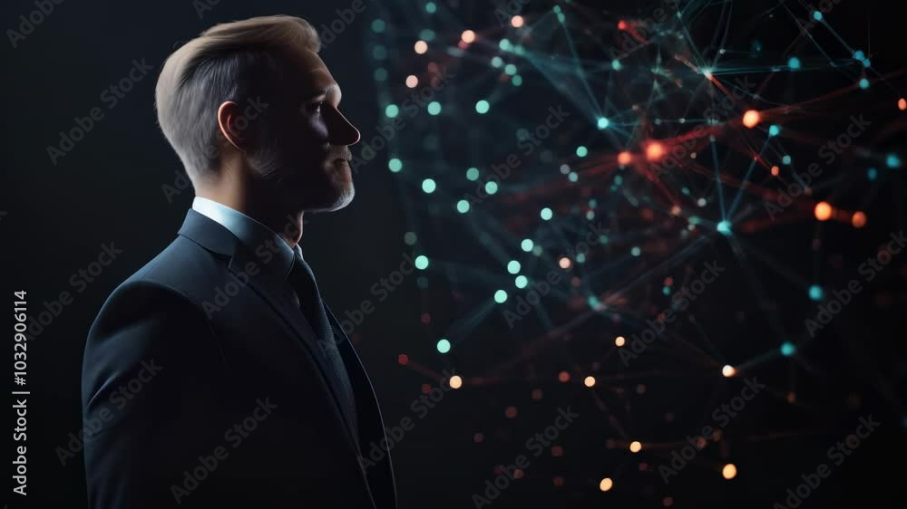 Aufkleber Businessman is looking at a complex network visualisation with glowing dots and lines, representing the concept of artificial intelligence
