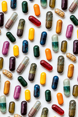 Multicolored capsules and pills on white background. Vertical template of biological supplements, vitamin and medicines or health, beauty of skin and hair. Frame for backdrop, wallpaper 