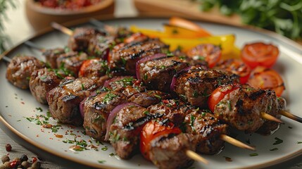 Closeup of grilled meat skewers with tomatoes and peppers on a white plate.