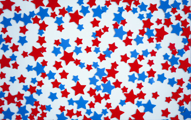 Fototapeta premium Flatlay Pattern of red and blue stars on a solid background.