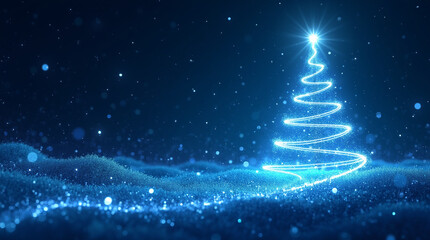 Glowing Christmas tree with blue light trails and starry background.