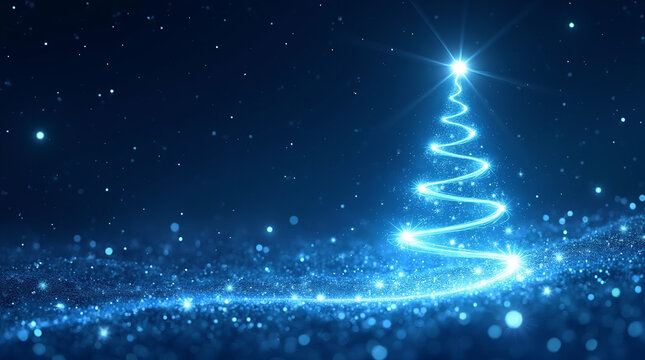 Glowing Christmas tree with blue light trails and starry background.
