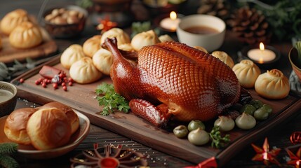 Roasted duck, buns, and other delicacies are displayed on a wooden board, surrounded by holiday decorations, on a rustic wooden table.