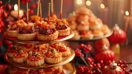 Naklejka premium A three-tiered stand with various small pastries and appetizers arranged beautifully, surrounded by red festive decorations.