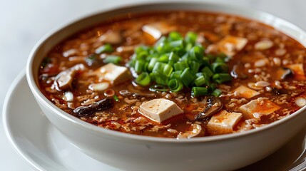 A bowl of hot and sour soup with tofu, mushrooms, and scallions.