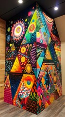 Fototapeta premium 93. A vibrant 3D triangle mural filled with intricate patterns and bold colors