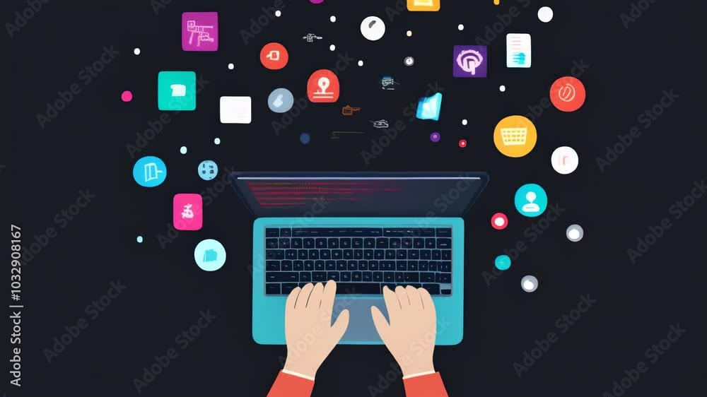 Aufkleber Software developer is developing an application using a laptop. Many icons representing features are floating around the computer