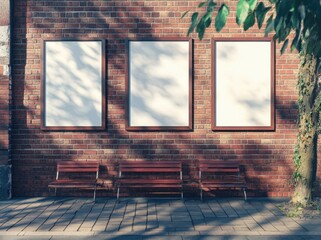 Three white frames are on a brick wall