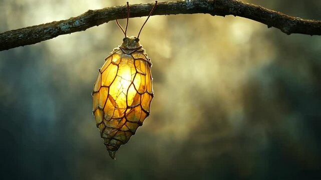 A golden cocoon hangs from a branch, illuminated from within, creating a magical glow