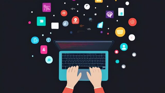 Software developer is developing an application using a laptop. Many icons representing features are floating around the computer