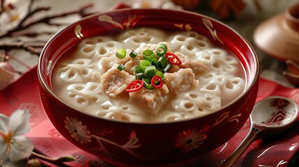 A bowl of steaming Chinese soup with pork and lotus root, garnished with scallions and chili peppers.