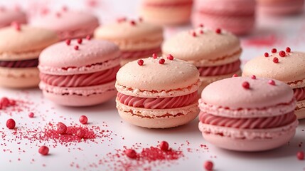 Fototapeta premium A row of pink macarons with a creamy filling, decorated with pink sprinkles, on a white background.