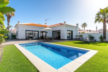 Fototapeta premium A large white house with a pool and a patio