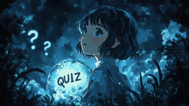 Anime girl looking at a glowing orb with question mark, text quiz