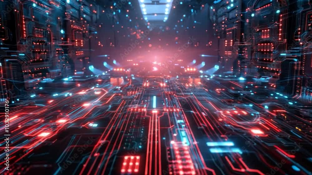 Leinwandbilder A vibrant digital environment filled with intricate circuits and glowing red and blue lights, simulating a high-tech universe that feels alive and dynamic.
