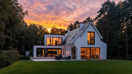 A large white house with a large glass window