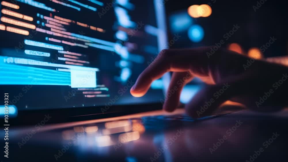 Poster programmer codes late at night on his laptop in a dimly lit office, surrounded by the soft blue glow