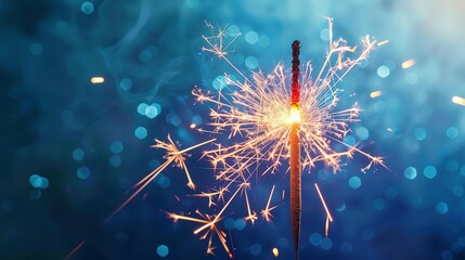 Obraz premium A Single Burning Sparklers with a Blue Bokeh Background
