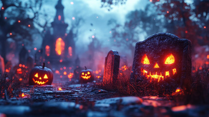 gravestones in cemetery, glowing pumpkin lanterns, jack o lantern, halloween, cartoon illustration, october 31, grave, death, horror, scary background, all saints day, day of the dead