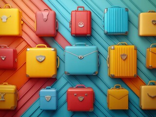 Several different colored suitcases are arranged on a colorful striped surface, travel